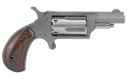 North American Arms Mini Revolver, Single Action, Revolver, 22 WMR, 1.625" Barrel, Stainless Steel, Matte Finish, Silver, Red/Black Wood Grips, Fixed Sights, 5 Rounds NAA-22M-GRB