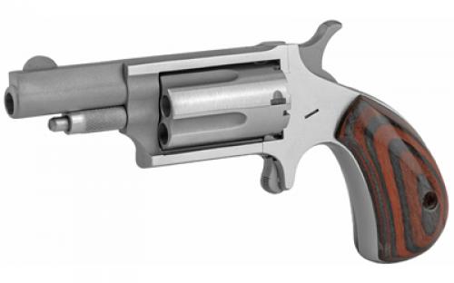 North American Arms Mini Revolver, Single Action, Revolver, 22 WMR, 1.625" Barrel, Stainless Steel, Matte Finish, Silver, Red/Black Wood Grips, Fixed Sights, 5 Rounds NAA-22M-GRB