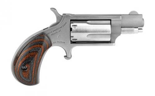 North American Arms Mini Revolver, Single Action, Revolver, 22 WMR, 1.125" Barrel, Stainless Steel, Silver, Red/Black Wood Grips, Fixed Sights, 5 Rounds NAA-22MS-GRB