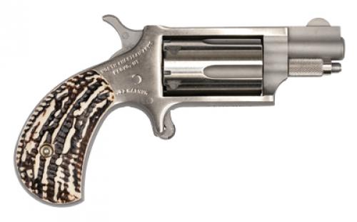 North American Arms Mini Revolver, Single Action, Revolver, 22 WMR, 1.125" Barrel, Stainless Steel, Silver, Imitation Stag Grips, Fixed Sights, 5 Rounds NAA-22MS-GSTG