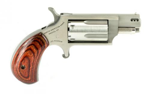 North American Arms Ported Snub, Single Action, Revolver, 22 WMR, 1.125" Barrel, Matte Finish, Stainless Steel, Silver, Wood Grips, Fixed Sights, 5 Rounds NAA-22MS-P