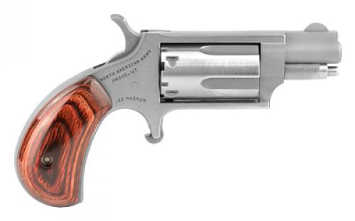 North American Arms Mini Revolver, Single Action, Revolver, 22 WMR, 1.125" Barrel, Stainless Steel, Silver, Wood Grips, Fixed Sights, 5 Rounds NAA-22MS