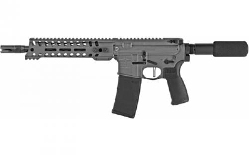 Patriot Ordnance Factory Minuteman, Semi-automatic, AR Pistol, 223 Remington/556NATO, 10.5 Barrel, Cerakote Finish, Tungsten, Standard AR Pistol Tube, Ambidextrous Safety Selector, 30 Rounds, 3.5lb Match Grade Trigger, 9 Renegade M-LOK Handguard, Ambidextrous Strike Eagle Charging Handle, 1 Magazine 01802