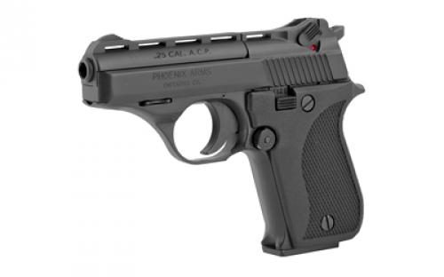 Phoenix HP25A, Single Action Only, Semi-automatic, Metal Frame Pistol, Compact, 25 ACP, 3" Barrel, Alloy, Black, Plastic Grips, Fixed Sights, 9 Rounds, 1 Magazine HP25ABB