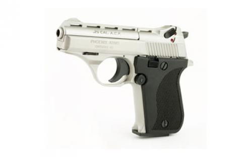 Phoenix HP25A, Single Action Only, Semi-automatic, Metal Frame Pistol, Compact, 25 ACP, 3" Barrel, Alloy, Nickel Finish, Silver, Plastic Grips, Fixed Sights, 9 Rounds, 1 Magazine HP25ANB