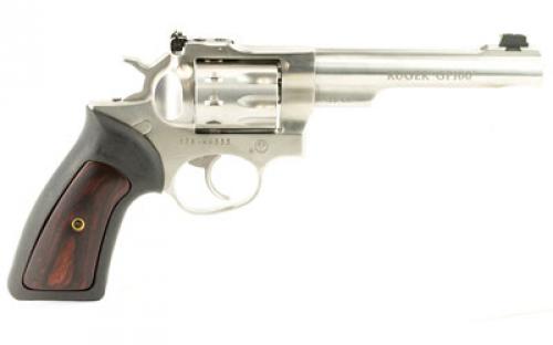 Ruger GP100, Double Action, Revolver, 22LR, 5.5" Barrel, Stainless Steel, Satin Finish, Silver, Rubber Grips with Wood Inlay, Fiber Optic Front and Adjustable Rear Sights, 10 Rounds 01757