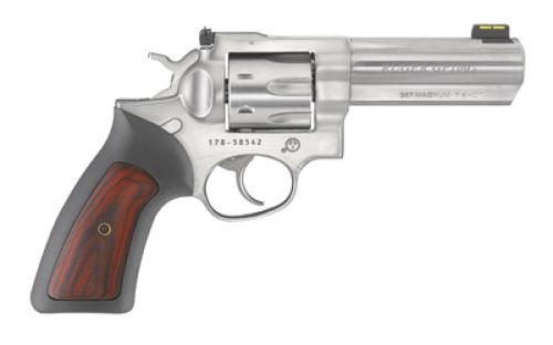 Ruger GP100, Double Action, Revolver, 357 Magnum, 4.2 Barrel, Stainless Steel, Satin Finish, Silver, Rubber Grips with Wood Inlay, Fiber Optic Front and Adjustable Rear Sights, 7 Rounds 01771