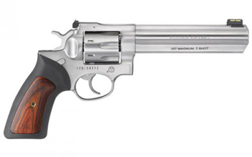 Ruger GP100, Double Action, Revolver, 357 Magnum, 6 Barrel, Stainless Steel, Satin Finish, Silver, Rubber Grips with Wood Inlay, Fiber Optic Front and Adjustable Rear Sights, 7 Rounds 01773