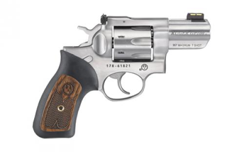 Ruger GP100, Double Action, Revolver, 357 Magnum, 2.5 Barrel, Stainless Steel, Satin Finish, Silver, Rubber Grips with Wood Inlay, Fiber Optic Front and Adjustable Rear Sights, 7 Rounds 01774