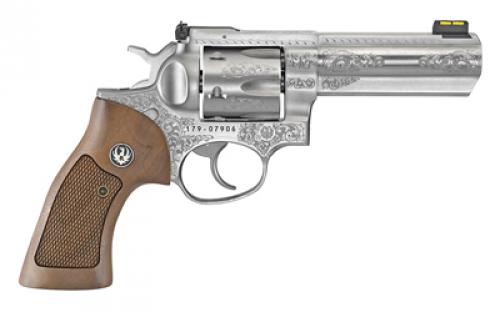 Ruger GP100, TALO Edition, Double Action, Revolver, 357 Magnum, 4.2 Barrel, Steel, Satin Finish, Silver, Hardwood Grip, Fiber Optic Front and Adjustable Rear Sights, 6 Rounds, Engraved 01784