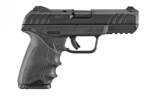 Ruger Security-9, Double Action, Semi-automatic, Polymer Frame Pistol, Full Size, 9MM, 4" Barrel, Blued Finish, Hogue Beavertail HandAll grip, 3 Dot Drift-Adjustable Sights, Manual Safety and Integrated Trigger Safety, 10 Rounds, 2 Magazines, Hogue Beavertail HandALL Grip Sleeve Included, Right Hand 03819