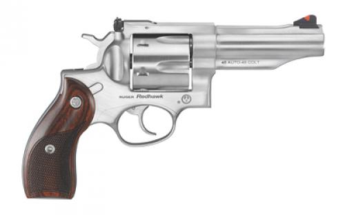Ruger Redhawk, Double Action, Revolver, 45 Long Colt/45 ACP, 4.2 Barrel, Sleeve and Shroud Barrel, Stainless Steel, Satin Finish, Silver, Hardwood Grips, Adjustable Rear & Ramp Front Sight, 6 Rounds 05050