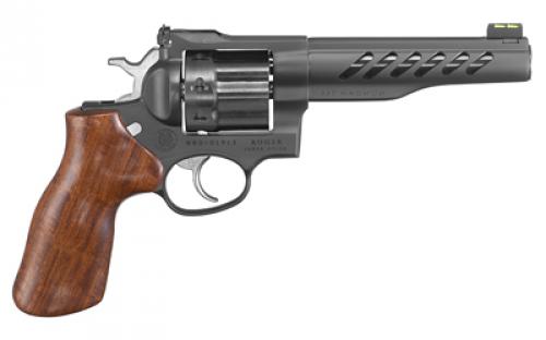 Ruger Super GP100, Double Action, Revolver, 357 Magnum, 5.5" Barrel, Cold Hammer Forged Barrel, Stainless Steel, PVD Coated Finish, Black, Hogue Hardwood Grip, Fiber Optic Front and Adjustable Rear Sights, 8 Rounds, 3 Moon Clips 05065