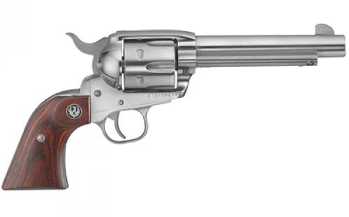 Ruger Vaquero Stainless, Single Action, Revolver, 45 Long Colt, 5.5 Barrel, Stainless Steel, High-Gloss Finish, Hardwood Grips, Blade Front and Integral Rear Sights, 6 Rounds 05104