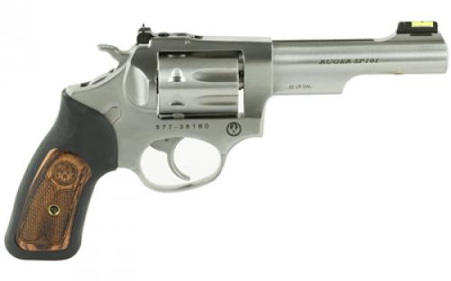 Ruger SP101, Double Action, Revolver, Small Frame, 22LR, 4.2" Barrel, Stainless Steel, Satin Finish, Silver, Rubber Grips with Wood Inlay, Fiber Optic Front and Adjustable Rear Sights, 8 Rounds, KSP-242-8 05765