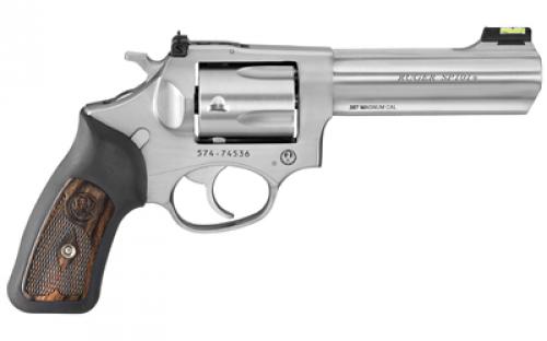 Ruger SP101, Double Action, Revolver, Small Frame, 357 Magnum, 4.2 Barrel, Stainless Steel, Satin Finish, Silver, Rubber Grips with Wood Inlay, Fiber Optic Front and Adjustable Rear Sights, 5 Rounds, BLEM (Damaged Case) 05771