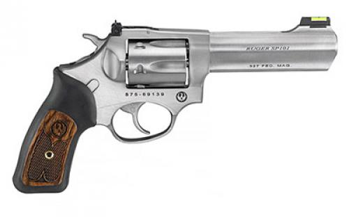 Ruger SP101, Double Action, Revolver, Small Frame, 327 Federal Magnum, 4.2 Barrel, Stainless Steel, Satin Finish, Silver, Rubber Grips with Wood Inlay, Fiber Optic Front and Adjustable Rear Sights, 6 Rounds 05773