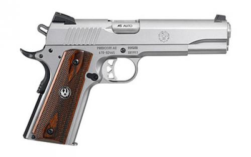 Ruger SR1911, 1911, Semi-automatic, Metal Frame Pistol, Full Size, 45 ACP, 5 Barrel, Stainless Steel, Low-Glare Stainless Finish, Hardwood Grips, Drift Adjustable Novak 3 Dot Sights, 8 Rounds 06700