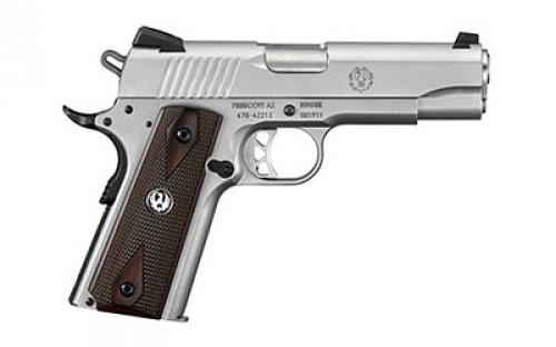 Ruger SR1911, 1911, Semi-automatic, Metal Frame Pistol, Commander, 45 ACP, 4.25 Barrel, Stainless Steel, Low-Glare Stainless Finish, Hardwood Grips, Drift Adjustable Novak 3 Dot Sights, 7 Rounds 06702