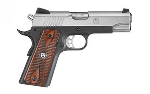 Ruger SR1911, 1911, Semi-automatic, Metal Frame Pistol, Commander, 45 ACP, 4.25 Barrel, Aluminum, Anodized Frame and Low-Glare Stainless Slide, Black and Silver, Hardwood Grips, Drift Adjustable Novak 3 Dot Sights, 7 Rounds 06711