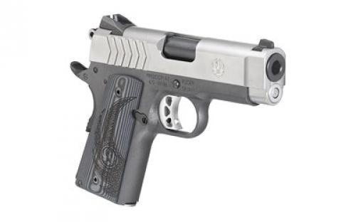 Ruger SR1911, 1911, Semi-automatic, Metal Frame Pistol, Officer Size, 9MM, 3.6" Barrel, Aluminum, Low-Glare Stainless Slide Finish, Silver and Gray, Deluxe Checkered G10 Grips, Drift Adjustable Novak 3 Dot Sights, 8 Rounds 06758