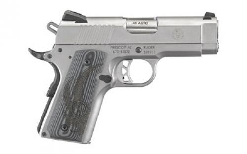 Ruger SR1911, 1911, Semi-automatic, Metal Frame Pistol, Officer, 45 ACP, 3.6" Barrel, Stainless Steel, Low-Glare Stainless Finish, G10 Grips, Drift Adjustable Novak 3 Dot Sights, Thumb Safety, 7 Rounds, 2 Magazines 06762