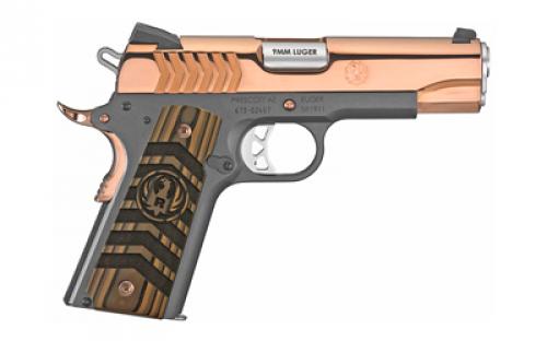 Ruger SR1911, TALO Edition, Single Action, Semi-automatic, Metal Frame Pistol, Commander, 9MM, 4.25 Barrel, Stainless Steel, PVD and Black Nitride Finish, Rose Gold and Black, Brown Chevron Laminate Grips, Novak Fixed Sights, Manual Safety, 9 Rounds 06768