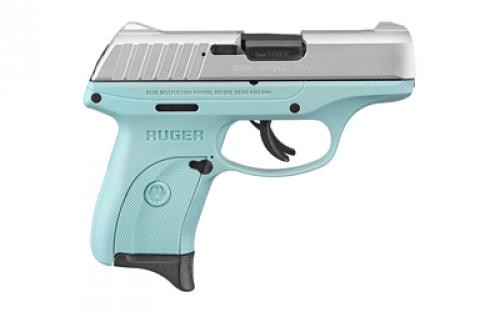 Ruger EC9s, Striker Fired, Semi-automatic, Polymer Frame Pistol, Compact, 9MM, 3.1 Barrel, Cerakote Finish, Turquoise and Silver, Integral Fixed Sights, Thumb Safety, 7 Rounds, 1 Magazine 13200