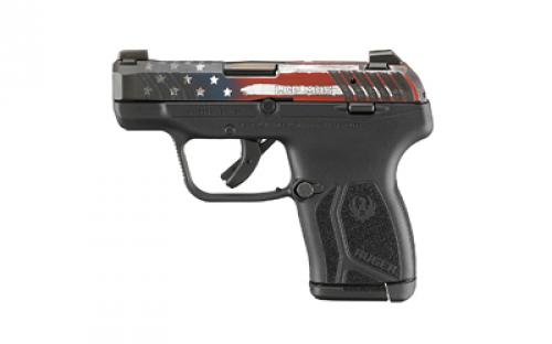 Ruger LCP MAX, Double Action Only, Semi-automatic, Polymer Frame Pistol, Compact, 380ACP, 2.8 Barrel, Cerakote Finish, Red White and Blue Flag, Black Frame, Tritium Front Sight with White Outline and Drift Adjustable Rear Sight, Integrated Trigger Safety, 10 Rounds, 1 Magazine, Includes Soft Pocket Holster and Magazine Loader 13745