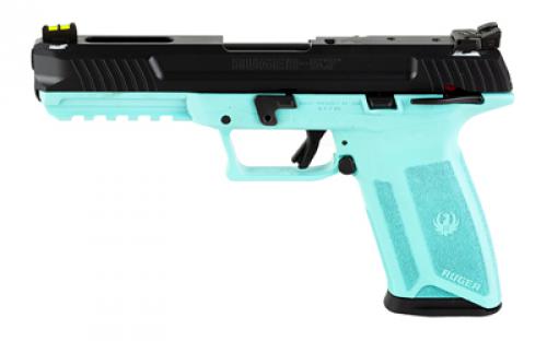 Ruger 57, TALO Edition, Double Action, Semi-automatic, Polymer Frame Pistol, Full Size, 5.7X28MM, 4.94 Barrel, Turquoise Frame, Black Oxide Finish, Fiber Optic Front and Adjustable Rear Sights, Ambidextrous Manual Safety, 20 Rounds, 2 Magazines, Ambidextrous 16405