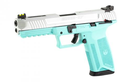 Ruger 57, TALO Edition, Double Action, Semi-automatic, Polymer Frame Pistol, Full Size, 5.7X28MM, 4.94" Barrel, Turquoise Frame, Silver Slide, Fiber Optic Front and Adjustable Rear Sights, Ambidextrous Manual Safety, 20 Rounds, 2 Magazines, Ambidextrous 16406