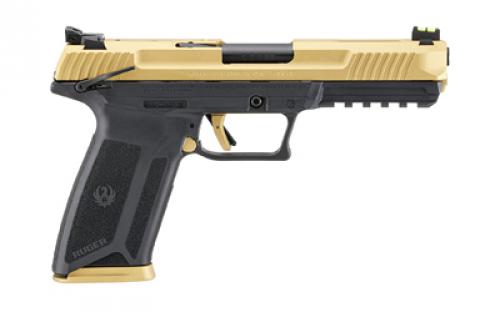 Ruger 57, TALO Edition, Double Action, Semi-automatic, Polymer Frame Pistol, Full Size, 5.7X28MM, 4.94 Barrel, Cerakote Finish, Shimmer Gold Slide, Fiber Optic Front and Adjustable Rear Sights, Ambidextrous Manual Safety, 20 Rounds, 2 Magazines, Ambidextrous 16416