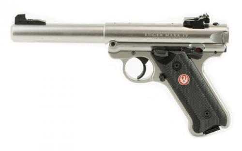 Ruger Mark IV, Target, Single Action, Semi-automatic, Metal Frame Pistol, Full Size, 22LR, 5.5 Barrel, Bull Barrel, Stainless Steel, Satin Finish, Silver, Checkered Grips, Adjustable Rear Sight, Manual Safety, 10 Rounds, BLEM (Damaged Case) 40103