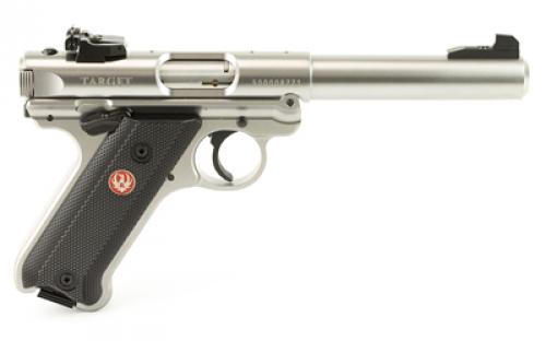 Ruger Mark IV, Target, Single Action, Semi-automatic, Metal Frame Pistol, Full Size, 22LR, 5.5" Barrel, Bull Barrel, Stainless Steel, Satin Finish, Silver, Checkered Grips, Adjustable Rear Sight, Manual Safety, 10 Rounds, BLEM (Damaged Case) 40103