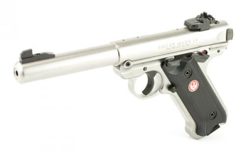 Ruger Mark IV, Target, Single Action, Semi-automatic, Metal Frame Pistol, Full Size, 22LR, 5.5" Barrel, Bull Barrel, Stainless Steel, Satin Finish, Silver, Checkered Grips, Adjustable Rear Sight, Manual Safety, 10 Rounds, BLEM (Damaged Case) 40103