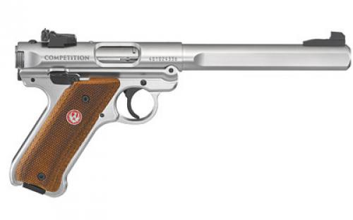 Ruger Mark IV Competition, Single Action, Semi-automatic, Metal Frame Pistol, Full Size, 22LR, 6.9" Barrel, Slab Side Bull Barrel, Stainless Steel, Satin Stainless Finish, Checkered Laminate Grips with Thumbrest, Adjustable Rear Sight, 10 Rounds, 2 Magazines 40112