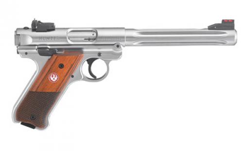 Ruger Mark IV Hunter, Single Action, Semi-automatic, Metal Frame Pistol, Full Size, 22LR, 6.9 Barrel, Fluted Bull Barrel, Stainless Steel, Satin Finish, Silver, Checkered Laminate Grips, Adjustable Rear Sight, 10 Rounds, 2 Magazines 40118