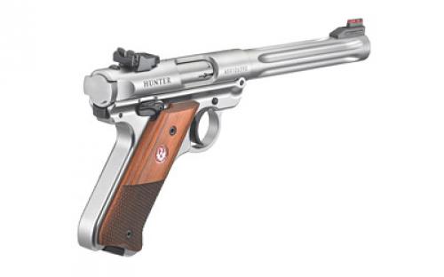 Ruger Mark IV Hunter, Single Action, Semi-automatic, Metal Frame Pistol, Full Size, 22LR, 6.9" Barrel, Fluted Bull Barrel, Stainless Steel, Satin Finish, Silver, Checkered Laminate Grips, Adjustable Rear Sight, 10 Rounds, 2 Magazines 40118