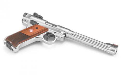 Ruger Mark IV Hunter, Single Action, Semi-automatic, Metal Frame Pistol, Full Size, 22LR, 6.9" Barrel, Fluted Bull Barrel, Stainless Steel, Satin Finish, Silver, Checkered Laminate Grips, Adjustable Rear Sight, 10 Rounds, 2 Magazines 40118