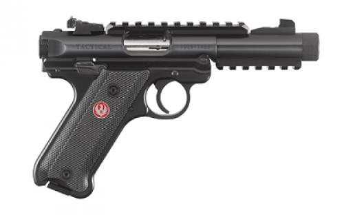 Ruger Mark IV, Tactical, Single Action, Semi-automatic, Metal Frame Pistol, Full Size, 22LR, 4.4 Barrel, Threaded Barrel, Alloy, Blued Finish, Checkered Grips, Adjustable Rear Sight, 10 Rounds, 2 Magazines, Picatinny Rails on Top and Bottom of Barrel 40150