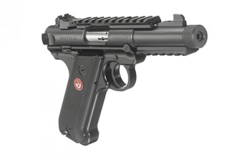 Ruger Mark IV, Tactical, Single Action, Semi-automatic, Metal Frame Pistol, Full Size, 22LR, 4.4" Barrel, Threaded Barrel, Alloy, Blued Finish, Checkered Grips, Adjustable Rear Sight, 10 Rounds, 2 Magazines, Picatinny Rails on Top and Bottom of Barrel 40150