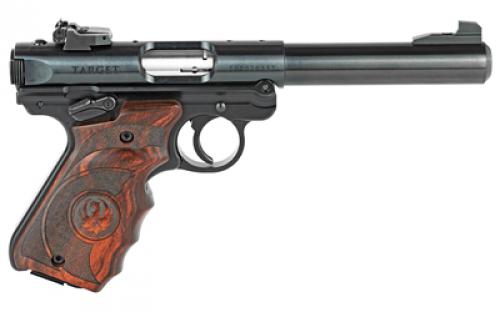 Ruger Mark IV Target, Single Action, Semi-automatic, Metal Frame Pistol, Full Size, 22LR, 5.5" Barrel, Bull Barrel, Alloy, Blued Finish, Laminate Grips with Finger Grooves, Adjustable Rear Sight, 10 Rounds, 2 Magazines 40159