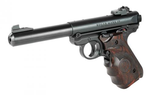 Ruger Mark IV Target, Single Action, Semi-automatic, Metal Frame Pistol, Full Size, 22LR, 5.5" Barrel, Bull Barrel, Alloy, Blued Finish, Laminate Grips with Finger Grooves, Adjustable Rear Sight, 10 Rounds, 2 Magazines 40159