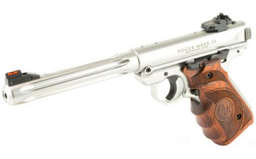 Ruger Mark IV, Hunter, Single Action, Semi-Automatic, Metal Frame Pistol, 22LR, 6.9" Fluted Bull Barrel, Stainless Steel, Satin Finish, Laminate Finger Groove Grips, Adjustable Rear Sight, Ambidextrous Safety,  10 Rounds, 2 Magazines 40160