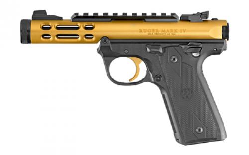 Ruger Mark IV, 22/45 Lite, Single Action, Semi-automatic, Polymer Frame Pistol, 22LR, 4.4 Threaded Barrel, Anodized Finish, Gold, Checkered Grips, Adjustable Rear Sight, Ambidextrous Safety, 10 Rounds, 2 Magazines 43926