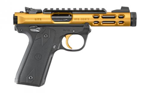 Ruger Mark IV, 22/45 Lite, Single Action, Semi-automatic, Polymer Frame Pistol, 22LR, 4.4" Threaded Barrel, Anodized Finish, Gold, Checkered Grips, Adjustable Rear Sight, Ambidextrous Safety, 10 Rounds, 2 Magazines 43926