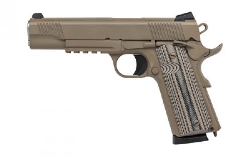 Tisas 1911 Raider, Single Action Only, Semi-automatic, Metal Frame Pistol, Full Size, 45 ACP, 5 Barrel, Carbon Steel Frame, Cerakote Finish, Flat Dark Earth, Ed Brown Bobtail, G10 Grips, Novak Style 3-Dot Sights, Accessory Rail, 8 Rounds, 2 Magazines 10100505