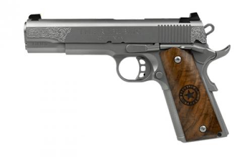 Tisas 1911, Republic of Texas, Single Action Only, Semi-automatic, Metal Frame Pistol, Full Size, 45 ACP, 5 Barrel, Stainless Steel Frame, Silver, Texas Start G10 Grips, Novak Style Sights, 8 Rounds, 2 Magazines 10100514