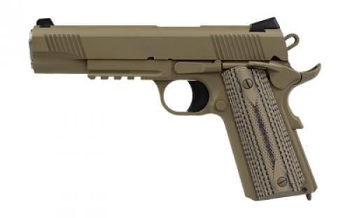 Tisas 1911 Raider, Single Action Only, Semi-automatic, Metal Frame Pistol, Full Size, 9MM, 5 Barrel, Carbon Steel Frame, Cerakote Finish, Flat Dark Earth, Ed Brown Bobtail, G10 Grips, Novak Style 3-Dot Sights, Accessory Rail, 9 Rounds, 2 Magazines 10100549