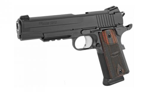 Sig Sauer 1911R, Nitron, California Compliant, Single Action Only, Semi-automatic, Metal Frame Pistol, Full Size, 45 ACP, 5" Barrel, Steel, Black, Rosewood Grips, Night Sights, Manual Thumb Safety, 8 Rounds, Accessory Rail, 2 Magazines 1911R-45-BSS-CA